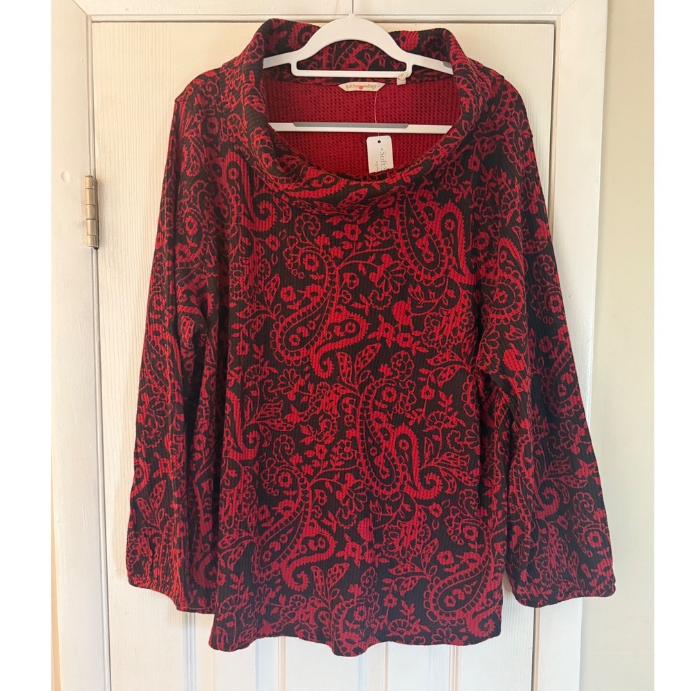 Soft Surroundings Kendra Waffle Red Black Paisley Cowl Neck 3X 24W 5GB3110933
